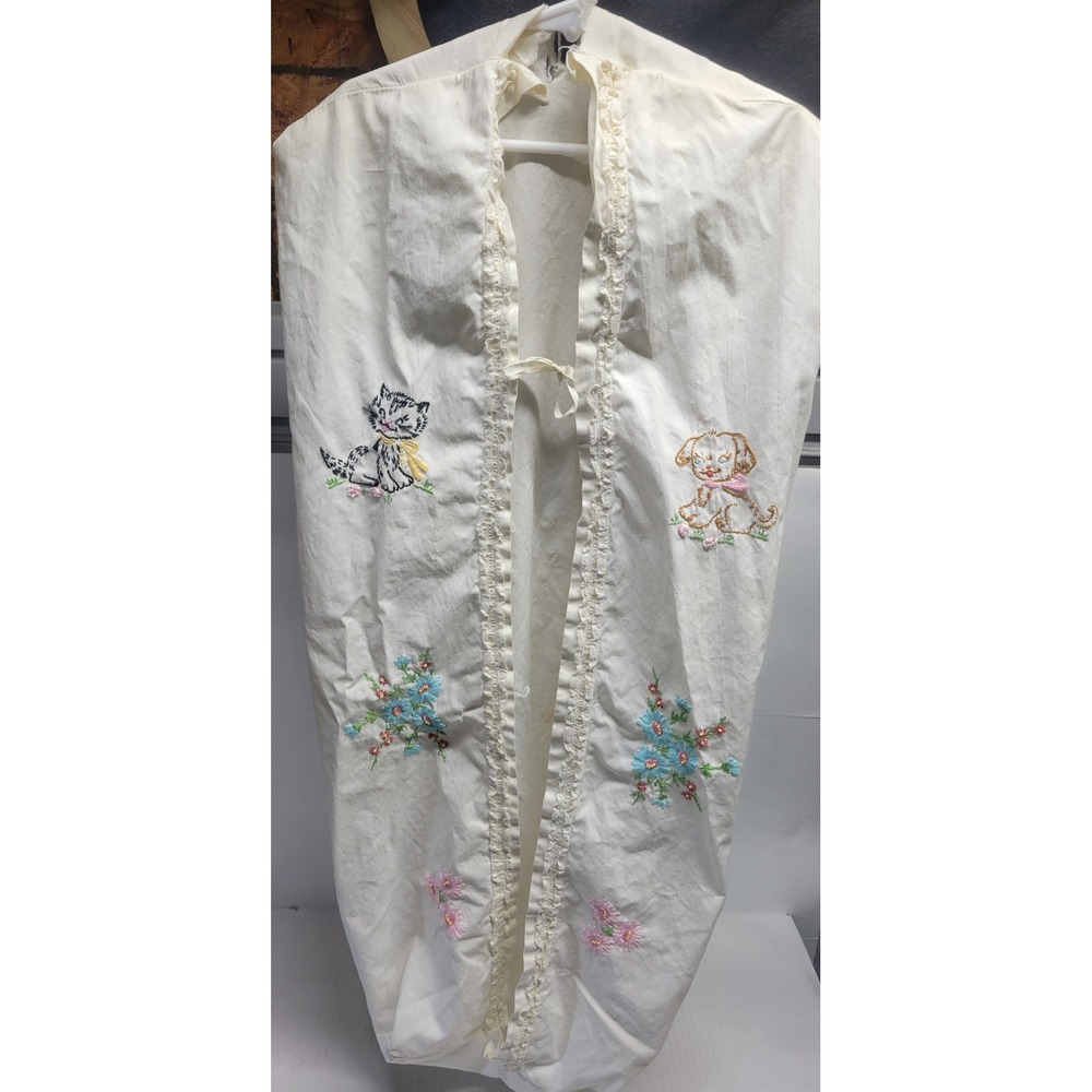 Vtg 70s Embroidered hanging diaper holder Puppy Kitten Floral